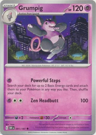 Card: Scarlet & Violet: Obsidian Flames Single, Grumpig - 091/197 - Uncommon