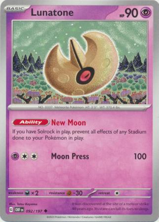 Card: Scarlet & Violet: Obsidian Flames Single, Lunatone - 092/197 - Uncommon