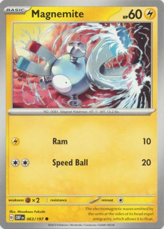 Card: Scarlet & Violet: Obsidian Flames Single, Magnemite - 063/197 - Common Obsidian