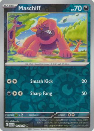 Card: Scarlet & Violet: Paldea Evolved Singles, Maschiff - 142/193 - Common Reverse Holo