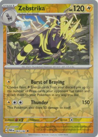 Card: Scarlet & Violet: Paradox Rift Singles, Zebstrika - 063/182 - Uncommon Reverse Holo